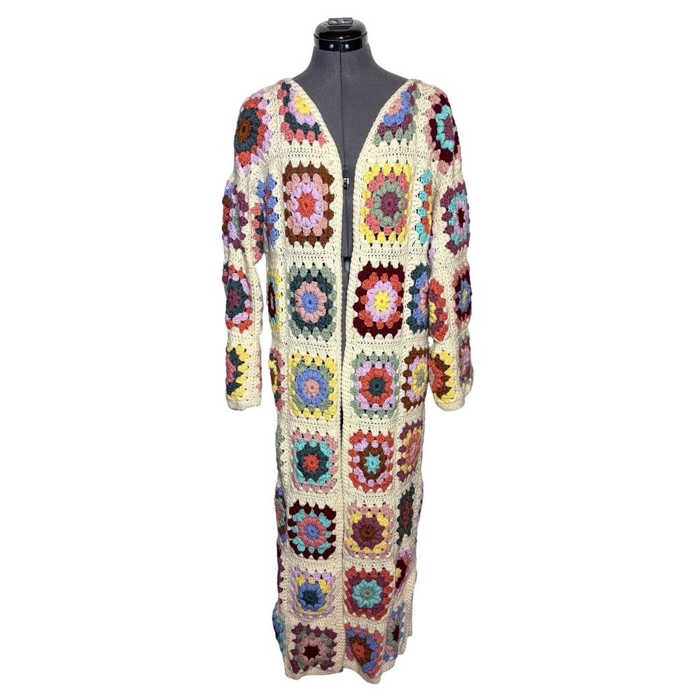 70s Crochet Cardigan Duster Womens Multicolor Granny Square Handmade M/L B38"